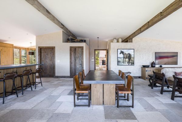Dining room, Interior, Pendant Lights, Recessed Lighting, Wooden Beams