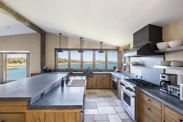 Interior, Kitchen, Pendant Lights, Stainless Steel Appliances, Water, Wooden Beams