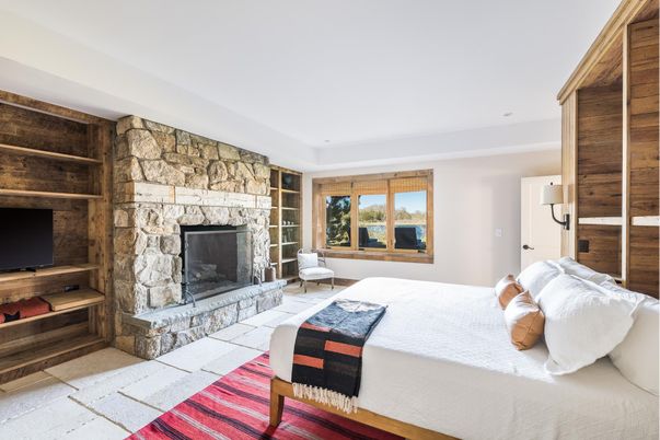 Bedroom, Fireplace, Interior, Recessed Lighting, Stone Walls, Wooden Walls