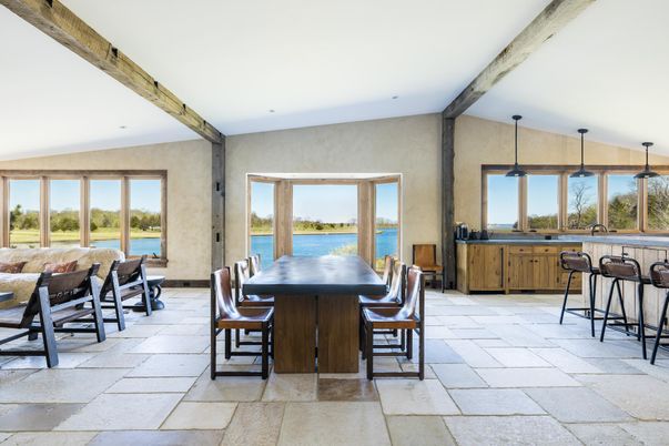 Dining room, Interior, Pendant Lights, Water, Wooden Beams