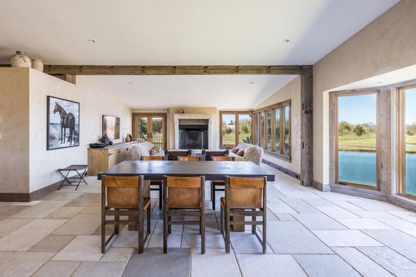 Dining room, Fireplace, Interior, Living room, Recessed Lighting, Water