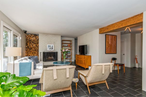 Fireplace, Interior, Living room, Stone Walls, Wooden Beams