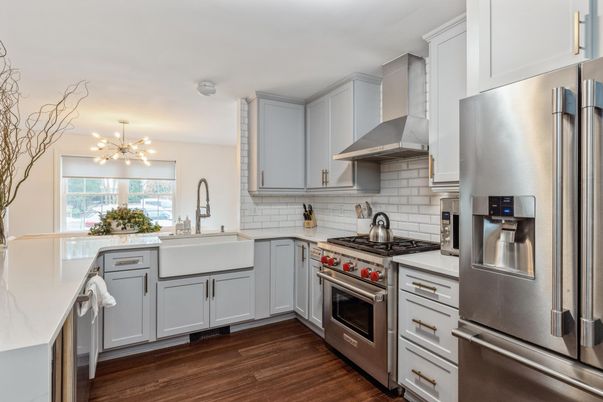 Interior, Kitchen, Pendant Lights, Stainless Steel Appliances, Wood Texture Flooring