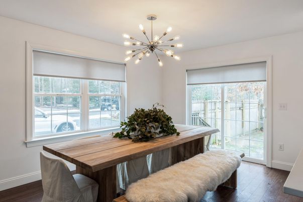 Dining room, Interior, Pendant Lights, Wood Texture Flooring