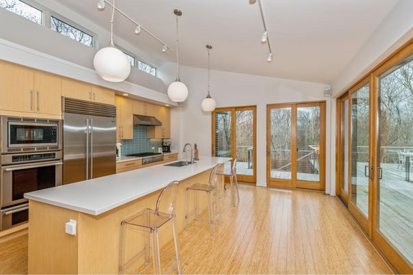 Interior, Kitchen, Pendant Lights, Stainless Steel Appliances, Wood Texture Flooring