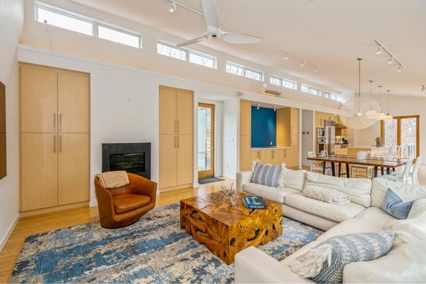 Dining room, Fireplace, Interior, Living room, Pendant Lights, Wood Texture Flooring