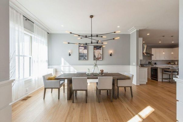 Dining room, Interior, Kitchen, Pendant Lights, Recessed Lighting, Wood Texture Flooring