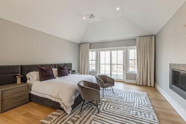 Bedroom, Fireplace, Interior, Recessed Lighting, Wood Texture Flooring