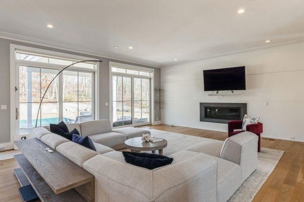 Fireplace, Interior, Living room, Recessed Lighting, Wood Texture Flooring