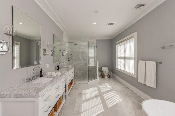 Bathroom, Dual Sink Vanities, Glass Shower, Interior, Recessed Lighting