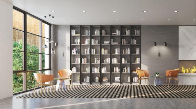 Fireplace, Interior, Marble Walls, Pendant Lights, Recessed Lighting