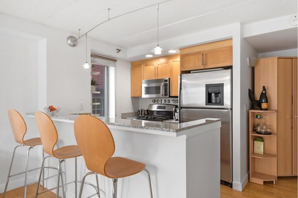 Interior, Kitchen, Pendant Lights, Stainless Steel Appliances, Wood Texture Flooring