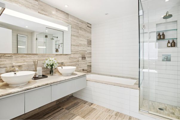 Bathroom, Dual Sink Vanities, Free Standing Baths, Glass Shower, Interior, Recessed Lighting, Wood Texture Flooring