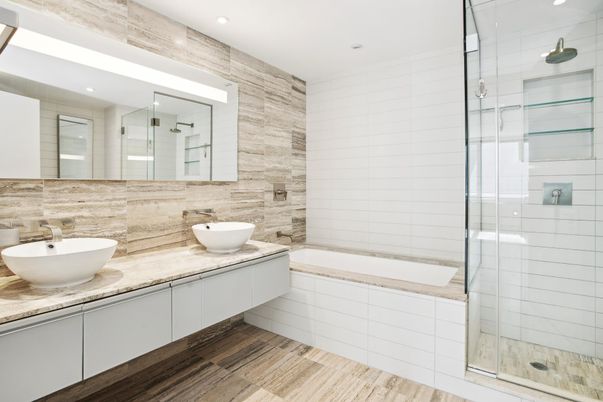 Bathroom, Dual Sink Vanities, Glass Shower, Interior, Recessed Lighting, Wood Texture Flooring