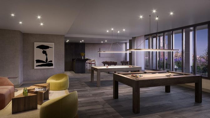 Billiard Table, Game Room, Interior, Pendant Lights, Recessed Lighting, Wood Texture Flooring