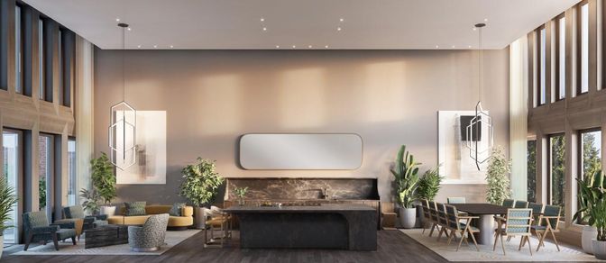 Dining room, Fireplace, Interior, Pendant Lights, Recessed Lighting, Wood Texture Flooring