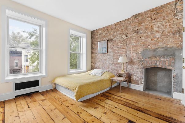 Bedroom, Fireplace, Interior, Stone Walls, Wood Texture Flooring