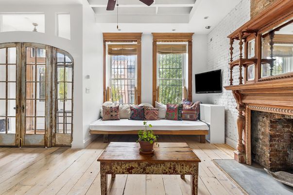 Fireplace, Interior, Living room, Recessed Lighting, Wood Texture Flooring