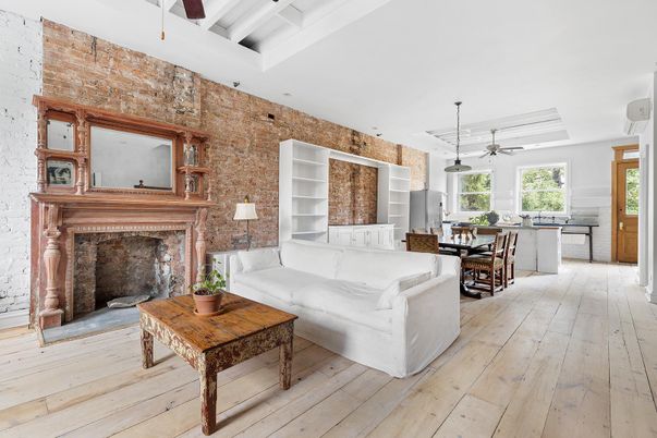 Dining room, Fireplace, Interior, Kitchen, Living room, Pendant Lights, Stone Walls, Wood Texture Flooring