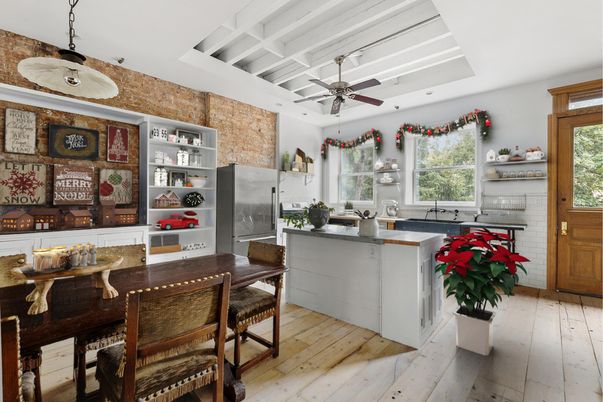Dining room, Interior, Kitchen, Pendant Lights, Wood Texture Flooring