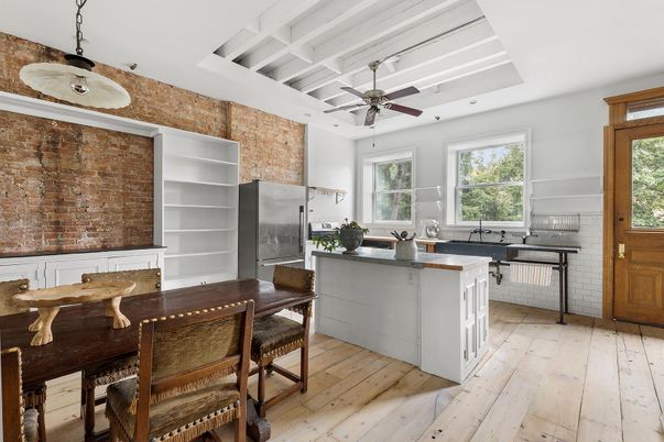 Interior, Kitchen, Pendant Lights, Stone Walls, Wood Texture Flooring