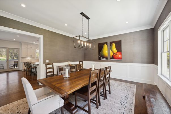 Dining room, Interior, Pendant Lights, Recessed Lighting, Wood Texture Flooring
