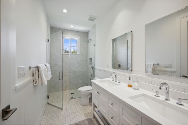 Bathroom, Dual Sink Vanities, Glass Shower, Interior, Recessed Lighting