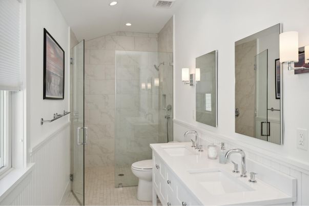 Bathroom, Glass Shower, Interior, Marble Walls, Recessed Lighting