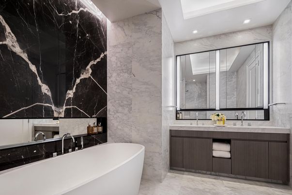 Bathroom, Dual Sink Vanities, Free Standing Baths, Interior, Marble, Marble Walls, Recessed Lighting