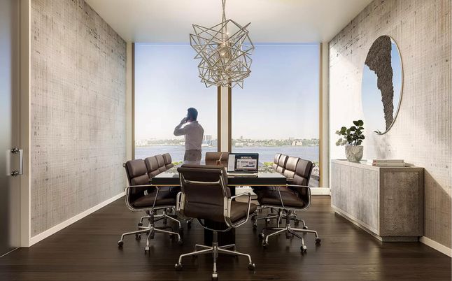 Home Office, Interior, Pendant Lights, Water, Wood Texture Flooring
