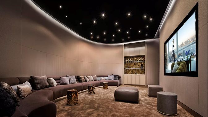 Interior, Living room, Projection Screen, Recessed Lighting, Theatre Room