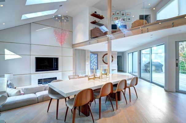 Dining room, Fireplace, Interior, Living room, Pendant Lights, Recessed Lighting, Wood Texture Flooring