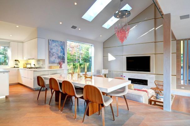 Chandelier, Dining room, Fireplace, Interior, Kitchen, Pendant Lights, Recessed Lighting, Wood Texture Flooring