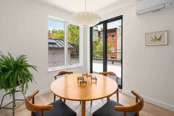 Dining room, Interior, Pendant Lights, Wood Texture Flooring