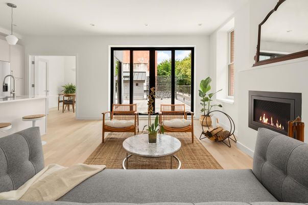 Dining room, Fireplace, Interior, Living room, Pendant Lights, Recessed Lighting, Wood Texture Flooring