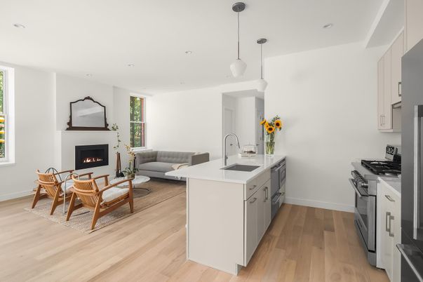 Fireplace, Interior, Kitchen, Living room, Pendant Lights, Recessed Lighting, Wood Texture Flooring