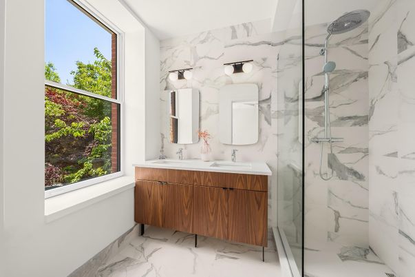 Bathroom, Dual Sink Vanities, Glass Shower, Interior, Marble, Marble Walls