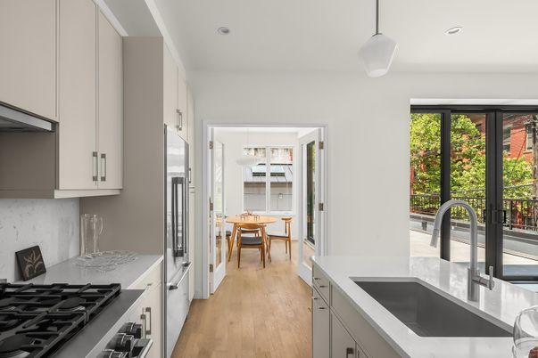 Dining room, Interior, Kitchen, Pendant Lights, Recessed Lighting, Wood Texture Flooring