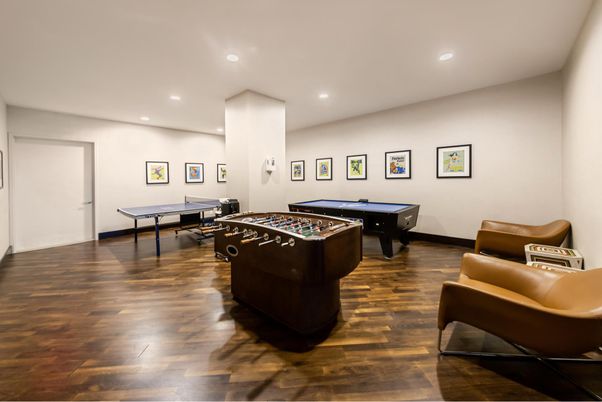 Billiard Table, Game Room, Interior, Recessed Lighting, Wood Texture Flooring