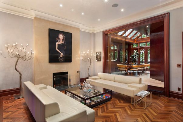 Chandelier, Dining room, Fireplace, Interior, Living room, Recessed Lighting, Wood Texture Flooring