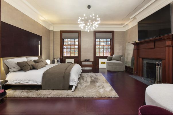 Bedroom, Fireplace, Interior, Pendant Lights, Wood Texture Flooring