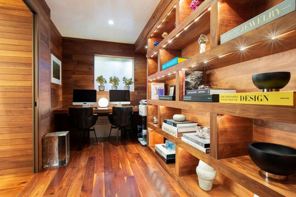 Home Office, Interior, Recessed Lighting, Wood Texture Flooring, Wooden Walls