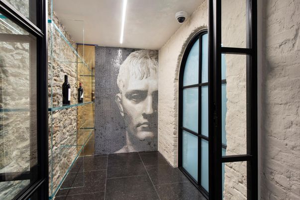 Bathroom, Interior, Recessed Lighting, Stone Walls