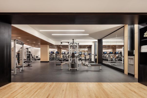 Fitness Equipment, Gym, Interior, Recessed Lighting, Wood Texture Flooring