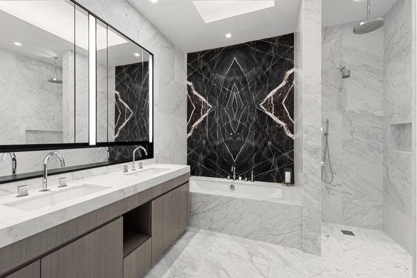 Bathroom, Dual Sink Vanities, Glass Shower, Interior, Marble, Marble Walls, Recessed Lighting