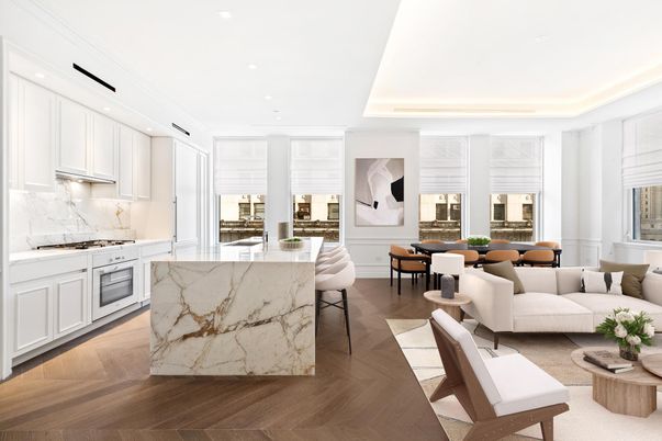 Dining room, Interior, Kitchen, Living room, Marble Walls, Recessed Lighting, Wood Texture Flooring
