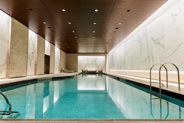 Interior, Marble Walls, Pool, Recessed Lighting, Wooden Ceilings