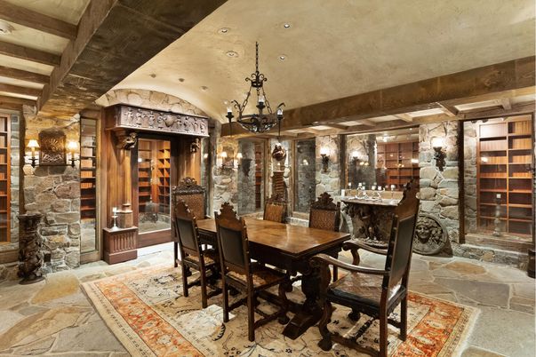 Chandelier, Dining room, Interior, Recessed Lighting, Stone Walls, Wine Storage