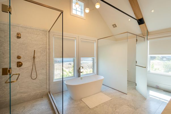 Bathroom, Free Standing Baths, Glass Shower, Interior, Marble, Marble Walls, Pendant Lights, Recessed Lighting