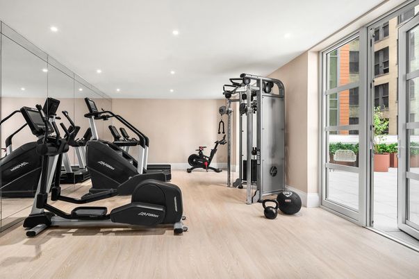 Fitness Equipment, Gym, Interior, Recessed Lighting, Wood Texture Flooring